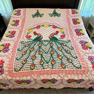 Vintage Chenille Peacock bedspread, coverlet, pink, queen